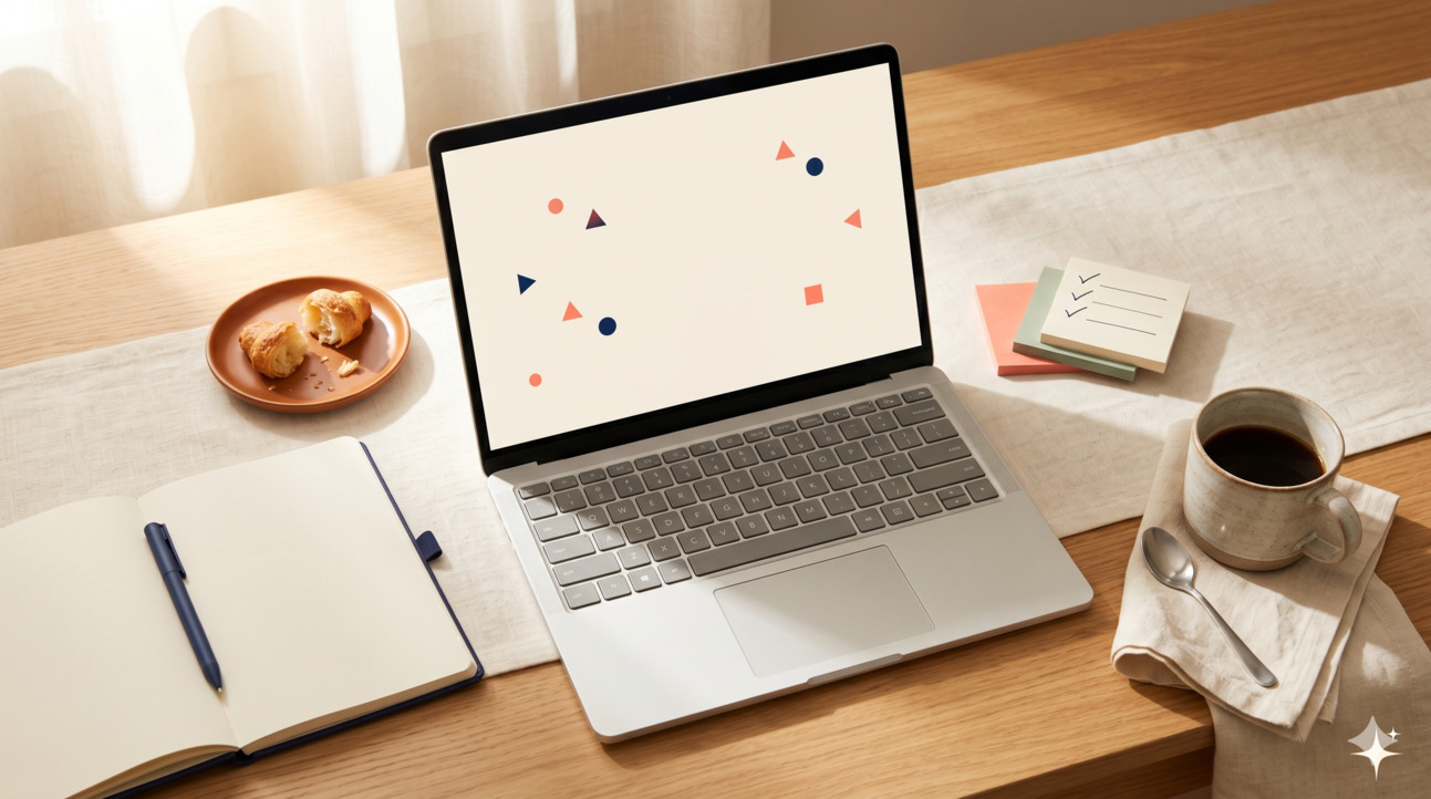 Editorial workspace with laptop, sticky-note checklist, coffee, and notebook on cream linen surface
