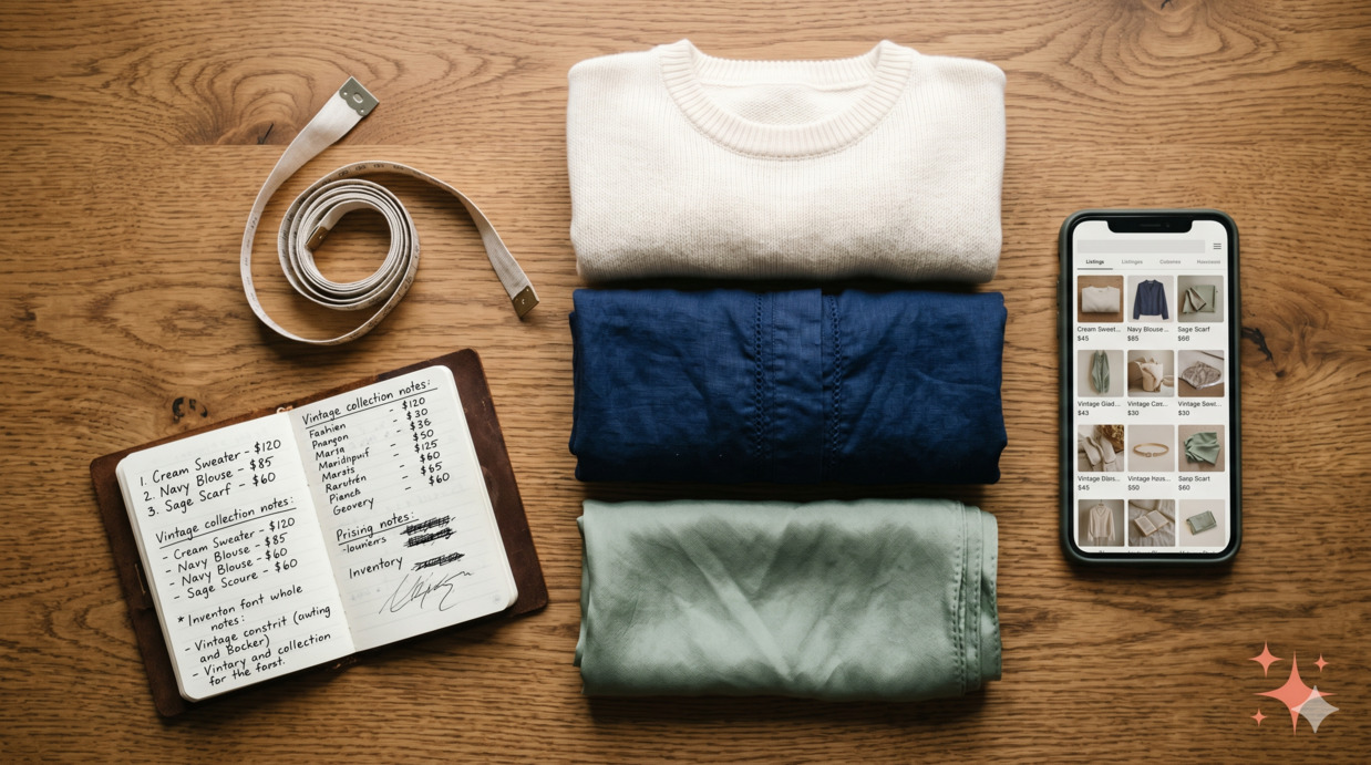 Editorial flat-lay of folded vintage clothing items in cream, navy, and sage tones, beside a smartphone showing a generic listings interface, a measuring tape, and a small notebook with handwritten pricing notes
