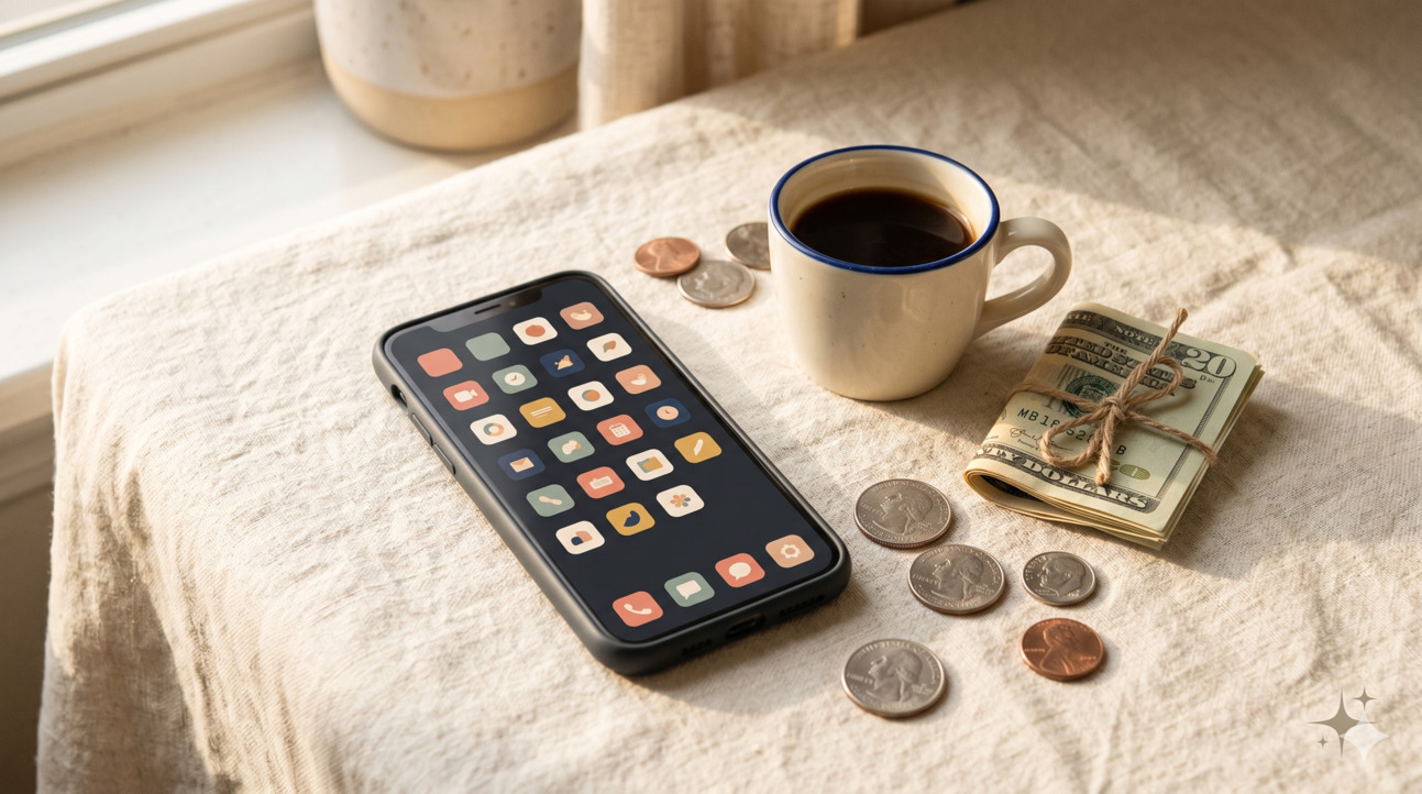 Smartphone home screen showing a grid of earning app icons, on a wooden desk