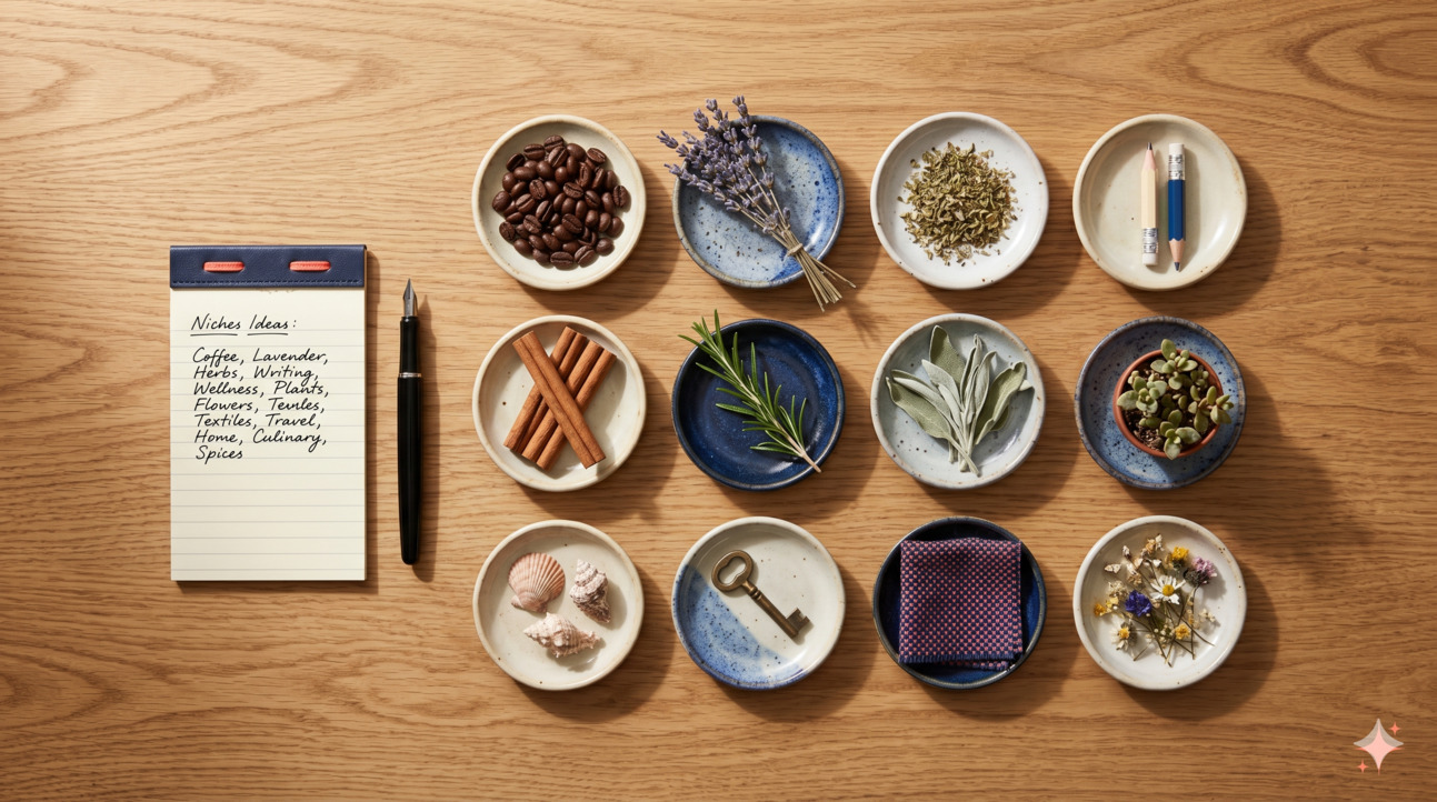 Top-down view of a wooden desk with twelve small ceramic dishes containing different objects representing niches: coffee beans, lavender, herbs, a pencil, sage leaves, a small succulent, dried flowers, beside a notepad with handwritten niche notes