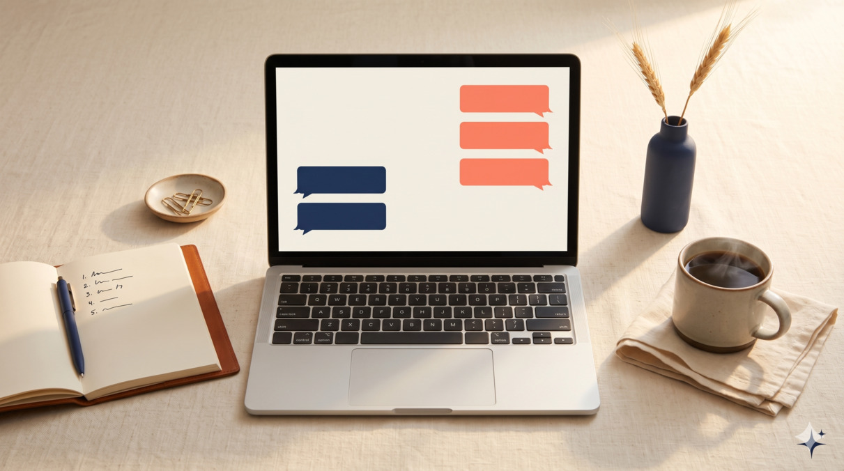 Editorial flat-lay with laptop showing chat-prompt UI in coral and navy, leather notebook with handwritten prompts, ceramic mug