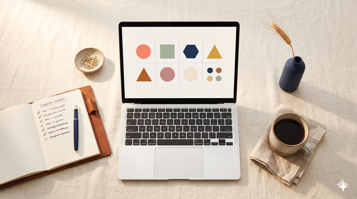Editorial flat-lay with laptop showing abstract toolkit grid in soft tones, notebook with comparison checklist