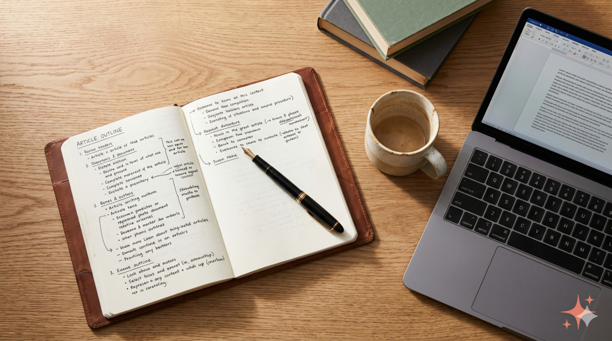 Editorial flat-lay of a writer's desk with an open notebook showing handwritten article notes, a laptop, a coffee mug, and a fountain pen in soft window light