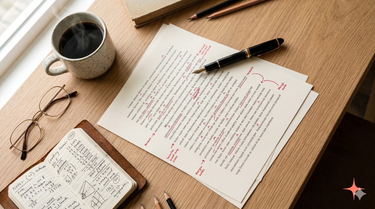 Editorial flat-lay of a wooden desk with a printed manuscript marked with red proofreading edits, a fountain pen, ceramic coffee mug, reading glasses, and a small leather notebook