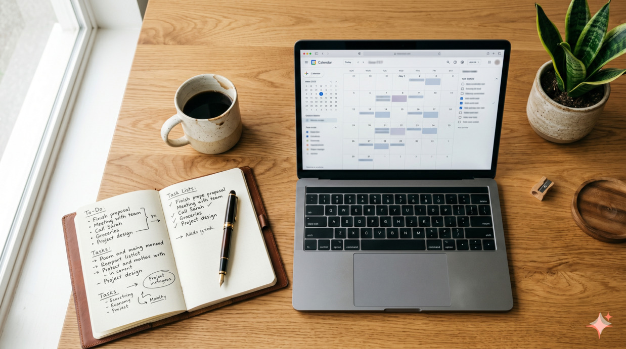 Top-down view of a clean wooden desk with a laptop showing a calendar interface, an open notebook with handwritten task lists, a coffee mug, and a small potted plant in soft natural light
