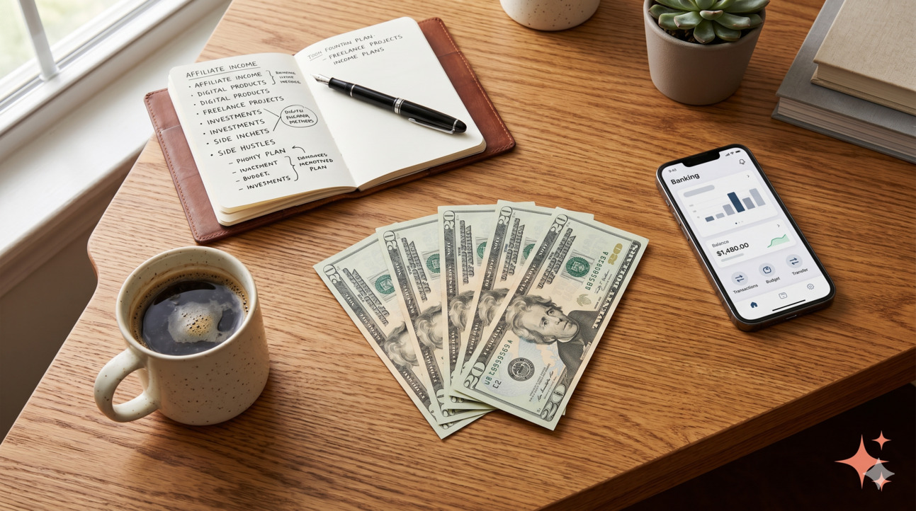 Top-down view of a wooden desk with crisp $20 bills fanned out beside a smartphone showing a banking app, a mug of coffee, and a small notebook with handwritten income method notes