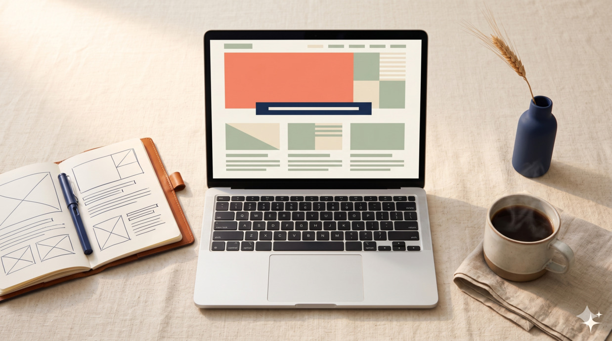 Open laptop showing a clean editorial blog homepage on a cream desk, with a leather notebook beside it