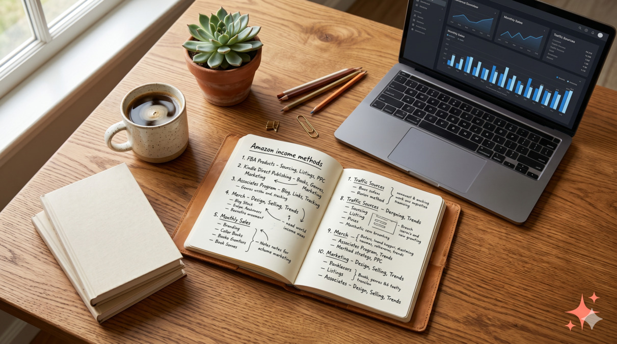 Top-down editorial flat-lay of an oak wooden desk with an open notebook listing 'Amazon income methods', a stack of three small paperback books with cream covers, a laptop showing a generic dashboard, a coffee mug, and a small succulent — soft morning light, no readable brand names