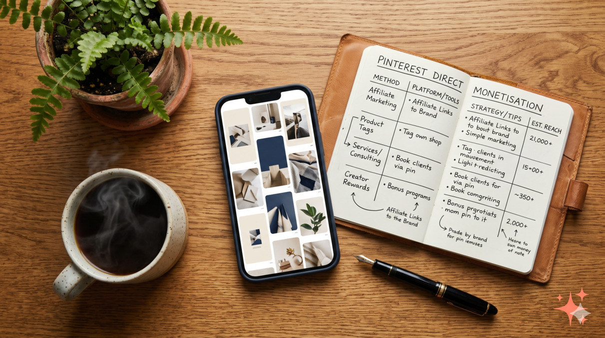 Editorial flat-lay of an oak desk with a smartphone showing a generic Pinterest-style vertical pin grid, an open notebook with handwritten direct-monetisation notes, a coffee mug, and a single fern in a terracotta pot
