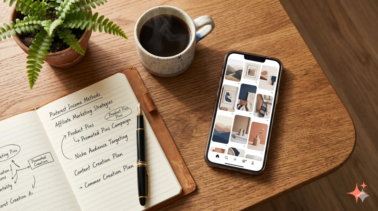 Editorial flat-lay of an open notebook with handwritten Pinterest income notes, a smartphone showing a generic vertical pin grid feed, a ceramic mug, and a small fern in a terracotta pot on an oak desk