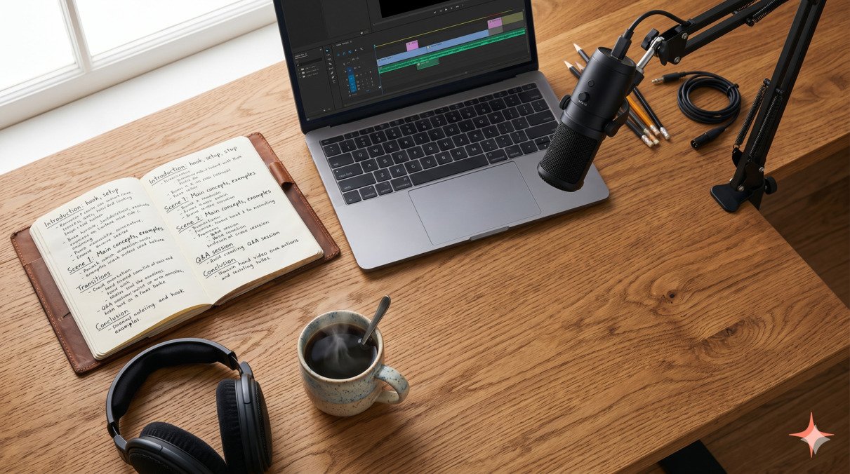 Top-down editorial flat-lay of a desk with a USB microphone on a small stand, an open notebook with handwritten video script outline, a slim laptop showing a generic video editor interface, headphones, and a coffee mug — soft window light, no readable brand names
