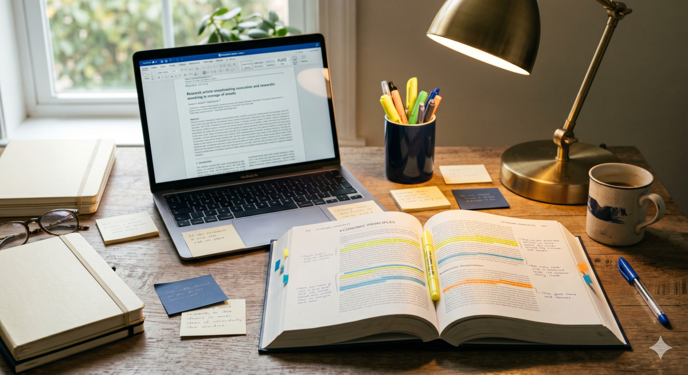 Open textbook beside a laptop on a wooden study desk, with sticky notes and highlighters scattered around, soft lamp light