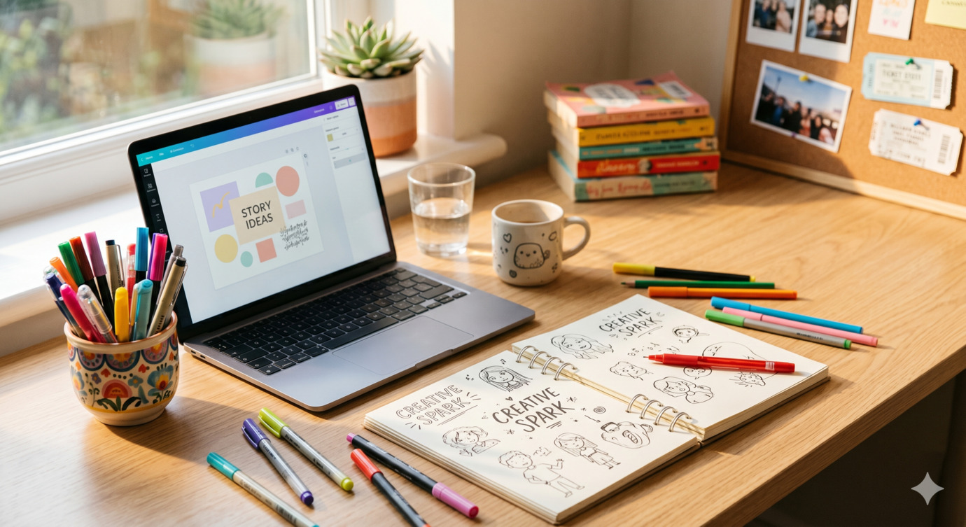 Workspace with laptop, sketchbook with hand-drawn doodles, colorful pens, on a light desk with afternoon sunlight