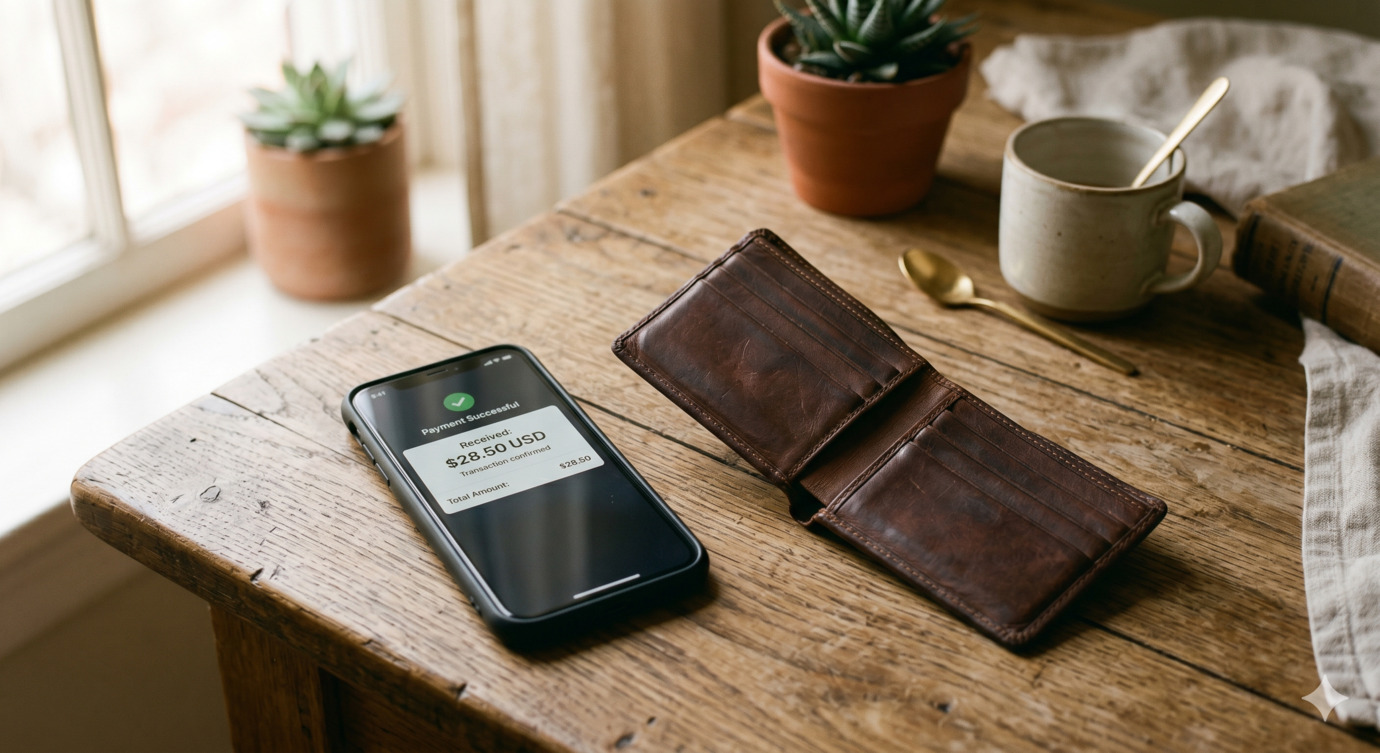 Smartphone displaying a payout notification on a wooden table next to an empty wallet, soft natural light