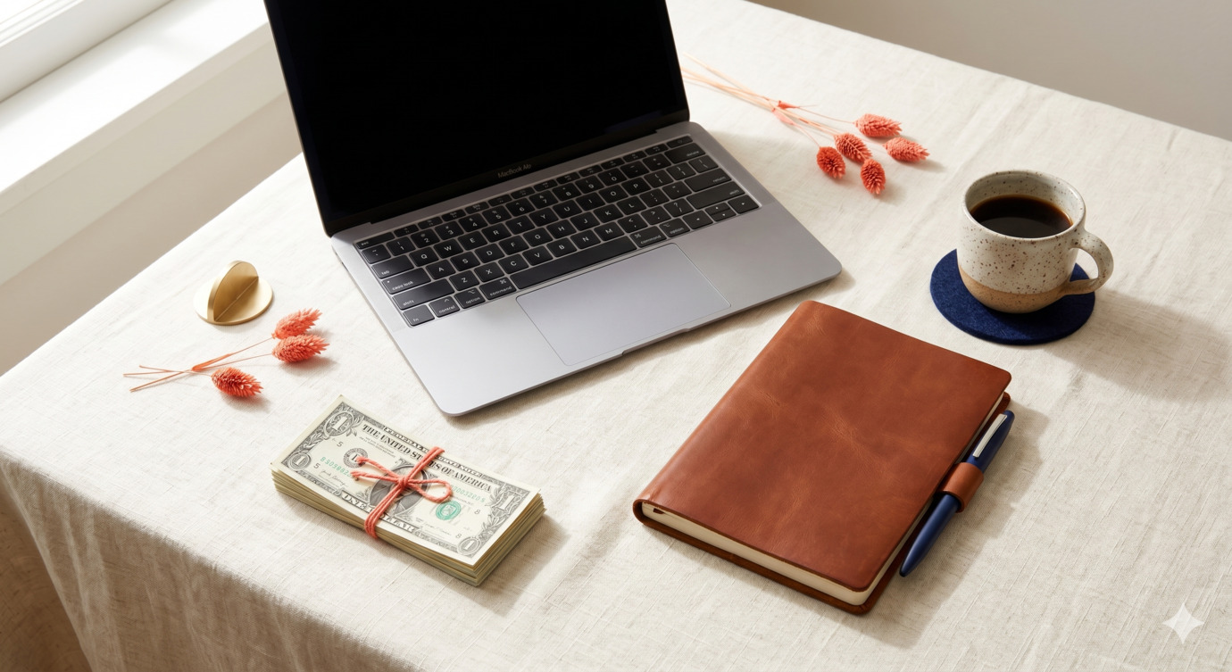 Editorial overhead arrangement of laptop, notebook, coffee cup, and a small stack of paper bills on a cream-coloured desk — soft afternoon light