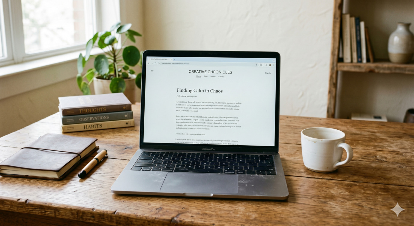 Open laptop on a wooden desk showing a generic dashboard, with an empty coffee cup beside it, soft window light