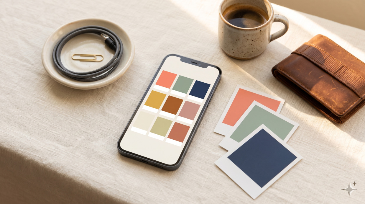 Phone resting on a wooden surface beside printed photo prints arranged in a small grid