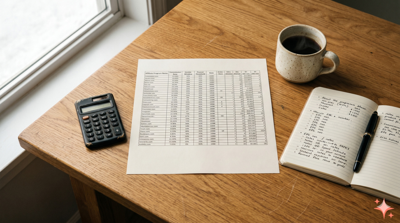 Flat-lay of a wooden desk with a printed affiliate program comparison spreadsheet, a calculator, a coffee mug, and a small notebook with handwritten notes on commission rates