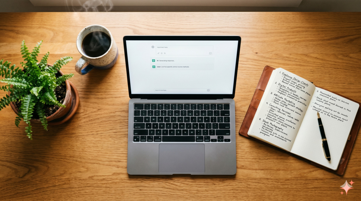 Editorial flat-lay of a workspace with a laptop showing a generic AI chat interface, an open notebook with handwritten notes about AI income methods, a coffee mug, and warm afternoon light