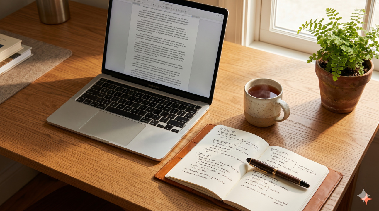 Open laptop on a wooden desk showing a draft document, beside a notebook with handwritten outline notes, ceramic mug of tea, and a small fern in a terracotta pot