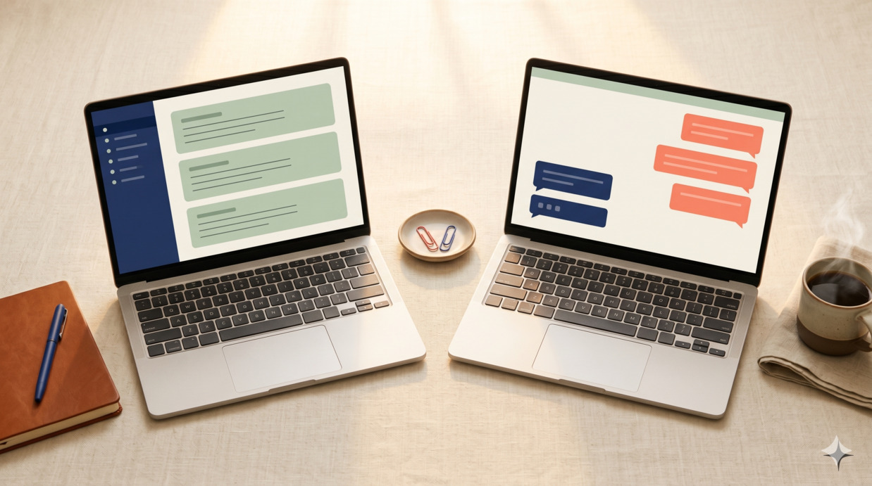 Editorial flat-lay with two laptops side by side showing distinct workspace and chat interfaces in soft tones