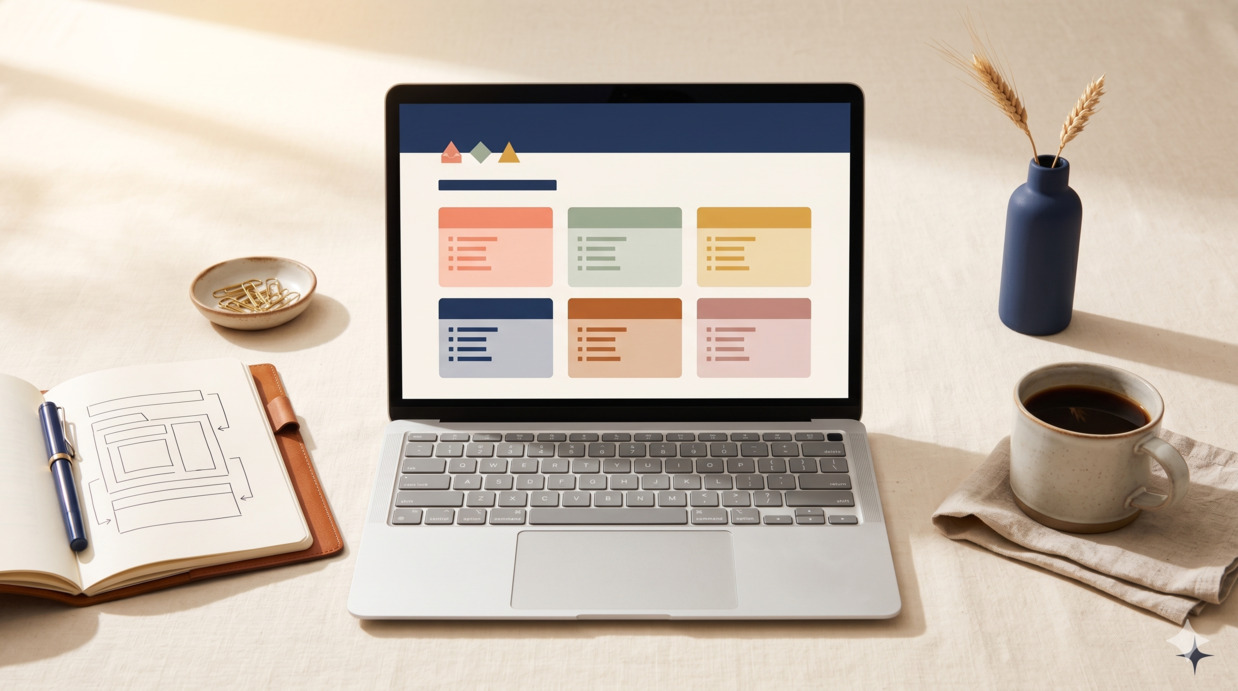 Editorial flat-lay with laptop showing structured Notion-style page layout, beside a notebook and ceramic mug