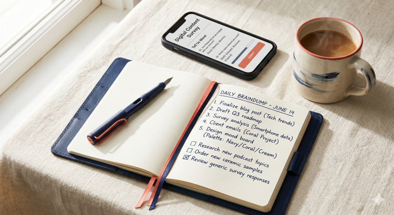 Smartphone displaying a survey questionnaire screen on a desk next to a notebook with handwritten lists