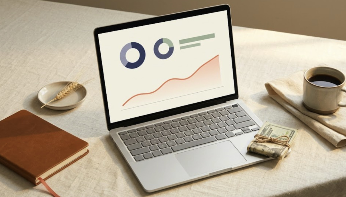 Editorial flat-lay with monitor showing rising line analytics in coral on cream desk