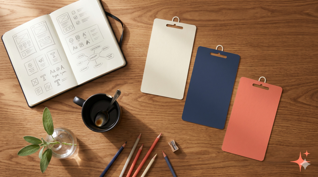 Flat-lay of a designer's desk with Pinterest pin mockups in cream, navy, and coral tones, beside a cup of coffee and an open notebook