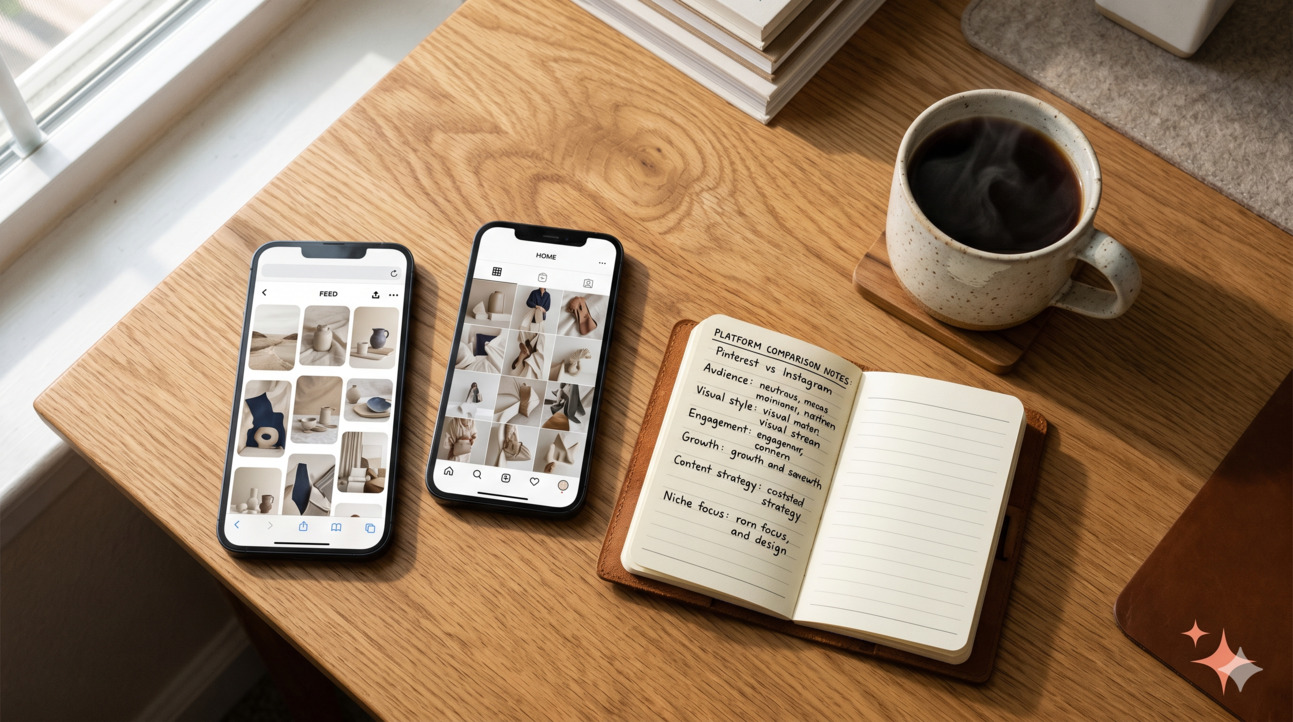 Top-down view of two phones on a wooden desk side-by-side, one showing a Pinterest-style grid feed and the other showing an Instagram-style square feed, with a notebook between them and a cup of coffee