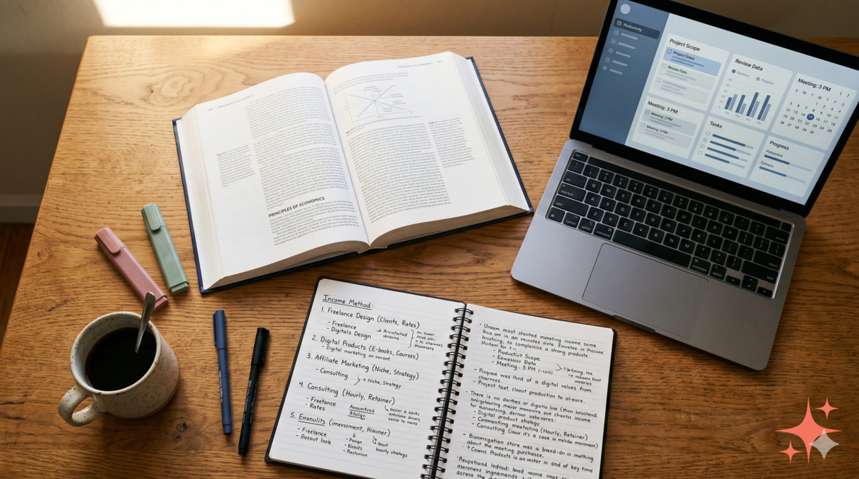 Editorial flat-lay of a college student's desk with an open textbook, a laptop showing a generic productivity interface, a coffee mug, and an open notebook with handwritten income method notes