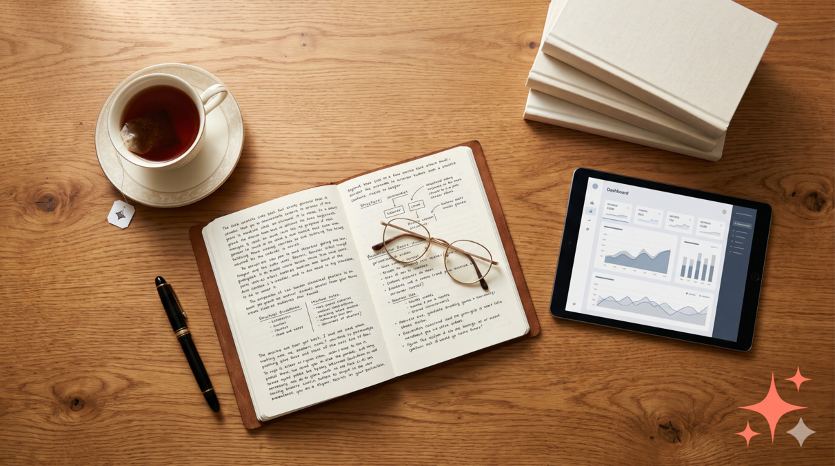 Top-down editorial flat-lay of a comfortable wooden desk with reading glasses resting on an open journal showing handwritten notes, a tablet displaying a generic interface, a porcelain teacup on a saucer, and a stack of three small books — soft afternoon light, no readable brand names