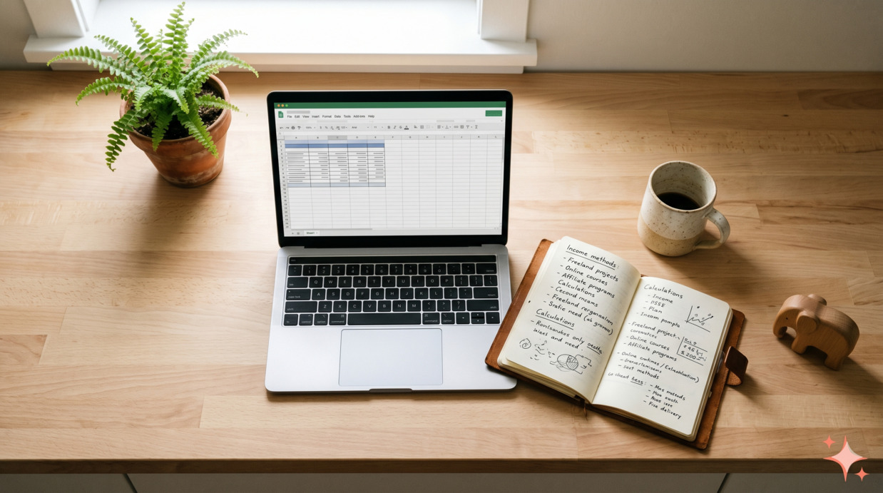 Editorial flat-lay of a kitchen counter with a laptop, an open notebook with handwritten income method notes, a coffee mug, a child's small wooden toy, and morning light streaming in