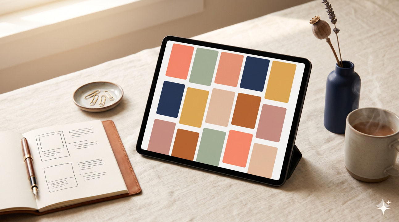 Tablet displaying a Pinterest-style pin grid layout, with a leather notebook and pen on a cream desk