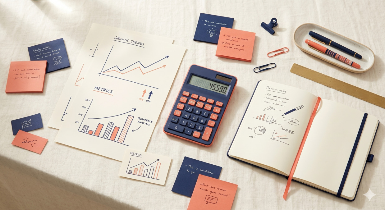 Editorial flat lay of calculator, sticky notes, and hand-drawn graphs